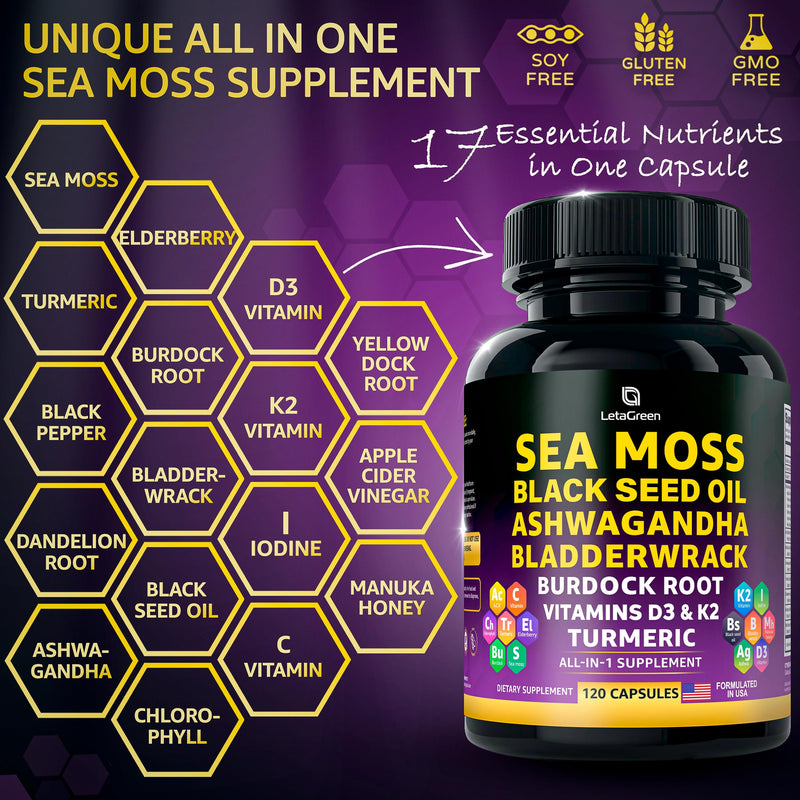 Sea Moss Capsules – 17-in-1 Blend with Black Seed Oil Ashwagandha Bladderwrack Burdock Root Turmeric Vitamin D3 K2 C for Daily Wellness – Multimineral Supplement for Men & Women – 120 Count Sea moss 120 Count (Pack of 1)