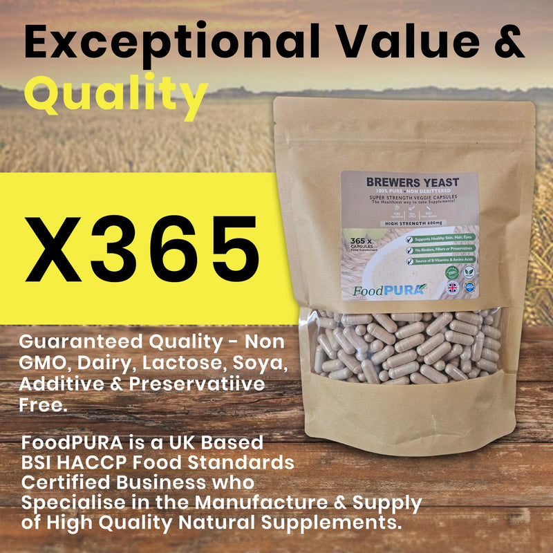 365 x 600mg Brewers Yeast Capsules 100% Pure & Natural Not Debittered HACCP Certified Manufactured in The UK (365) 365