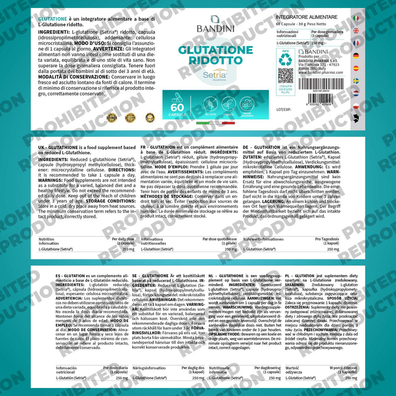 Bandini® High Strength Glutathione Reduced 250mg per Capsule | L-Glutathion Setria® Supplement | Powerful Antioxidant | 10x Better Absorption, Vegan, Gluten-Free, GMO-Free, Kosher | 60 Capsules
