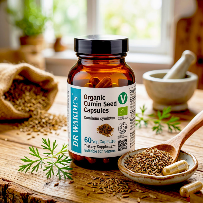 DR WAKDEs Organic Cumin Seed Capsules I 60 Veg Capsules I Herbal Supplement I Vegan Friendly I Ayurveda