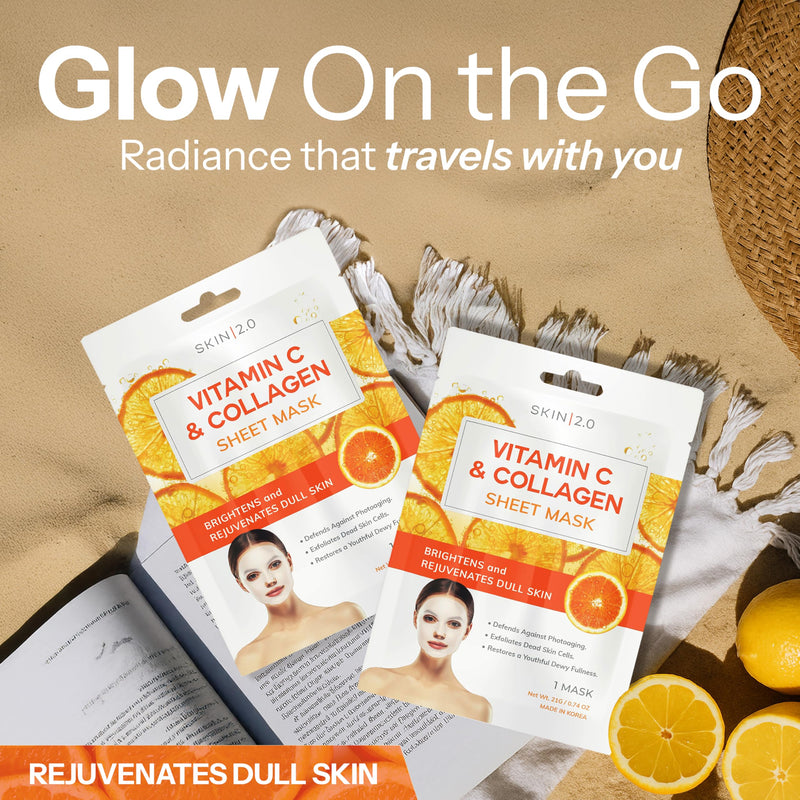 Skin 2.0 Vitamin C & Collagen Sheet Mask - Anti-Aging, Wrinkle & Age Spot Reducer, Hydrating & Moisturizing - Dermatologist Tested Korean Skincare, Clean Beauty, Cruelty-Free, All Skin Types - 5 Masks Vitamin C and Collagen