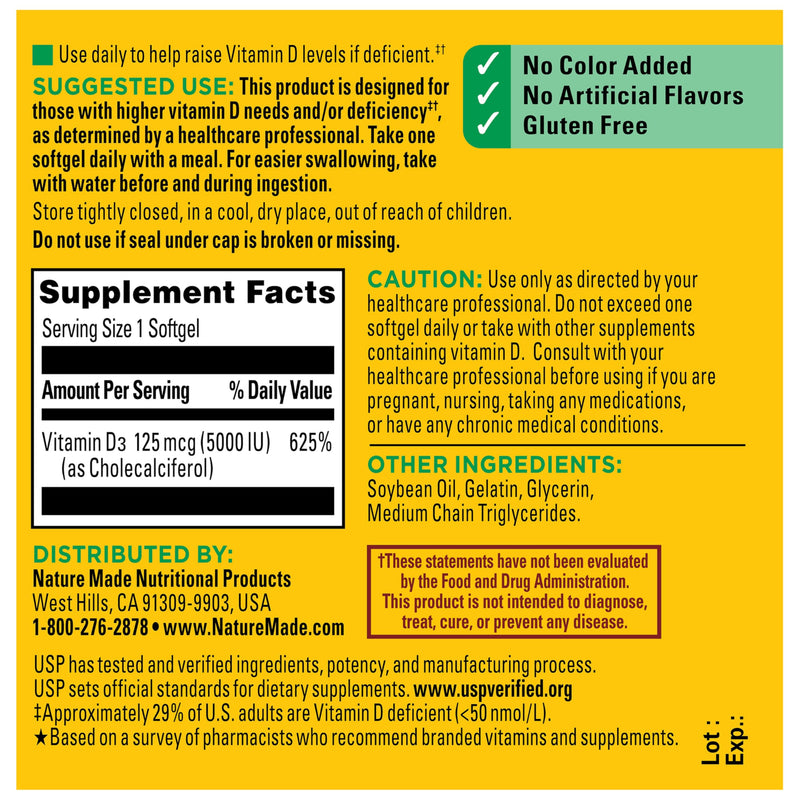 Nature Made Vitamin D3 5000 IU (125 mcg), 360 Vitamin D Softgels | Extra Strength Vitamin D Supplement for Immune, Bone, Teeth and Muscle Health Support, 360 Day Supply 360 Count (Pack of 1)