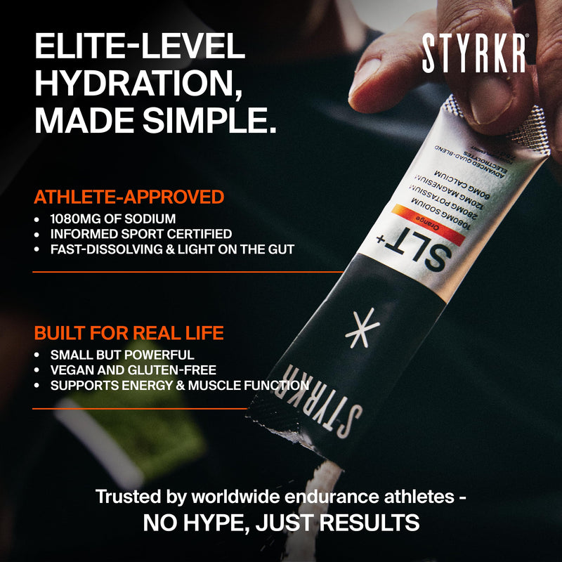 Styrkr SLT+ High Sodium Electrolyte Powder Sachets (30 Servings 1000mg+ Sodium) – Zero Sugar Hydration Drink Mix for Running, Cycling & Endurance – Electrolytes with Magnesium & Potassium (Orange) Orange