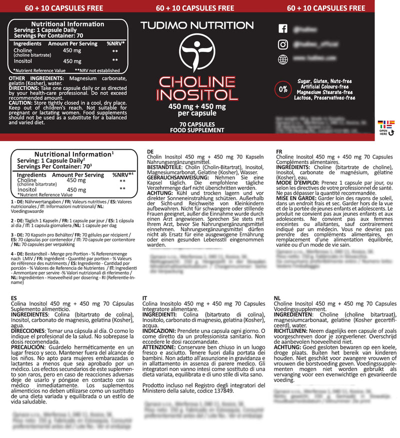 [Australia] - Choline Inositol Capsules High Dose - 900 mg (450 mg + 450 mg) - 70 pieces (2+ month supply) of quick-dissolving capsules, each with 450 mg of Choline Bitartrate and 450 mg Inositol Bulk Powder 70 pieces (pack of 1) 