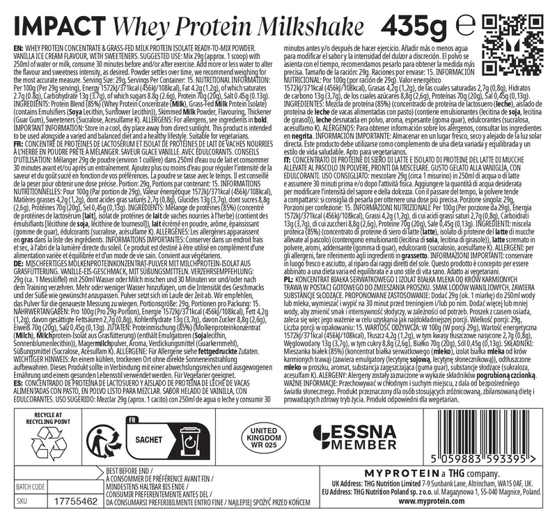 Myprotein Impact Whey Protein Milkshake - Vanilla Ice Cream | 15 Servings | Creamy Dessert-Style Gym Shake | 20g+ Protein Per Serving | Rich, Smooth & Indulgent Taste | Low Fat & Easy Mixing