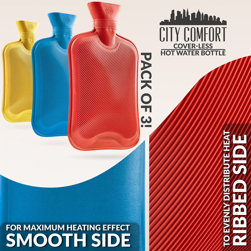 [Australia] - Hot Water Bottle Without Cover, Pack of 2 and 3 Hot Water Bottles Large 1.8L Rubber, Hot Water Bottle Robust and Durable Made of Natural Rubber, Bed Bottle for Children and Adults (Blue/Red/Yellow, 3 Pack) Blue/Red/Yellow 