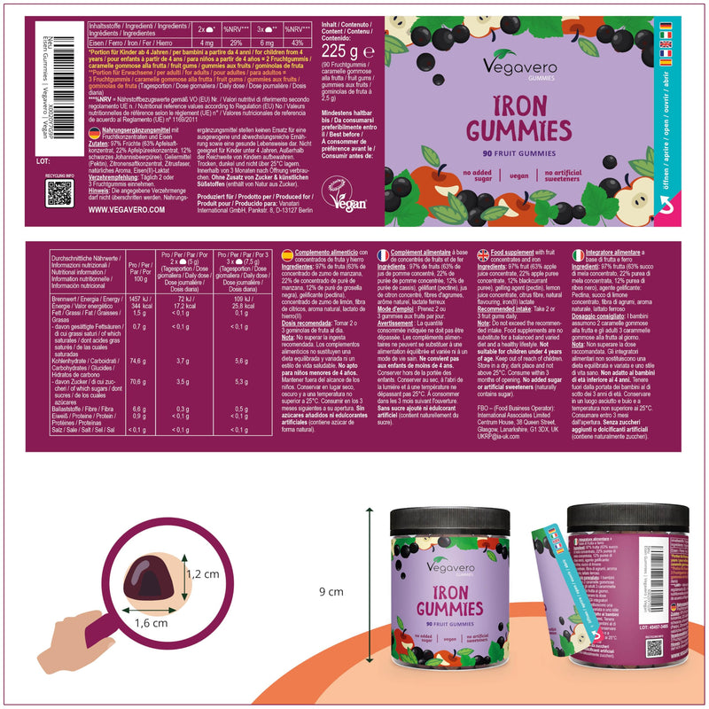 [Australia] - Iron gummy bears | 90 pieces | 97% fruit content | For children and adults | Free from additives and sweeteners | Of course | Alternative to iron tablets | Laboratory tested & vegan | Vegavero® 