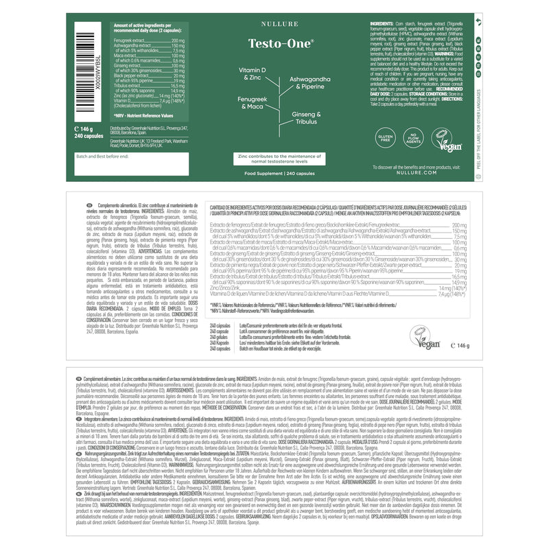 Nullure Testo-One | Tribulus Maca Ashwagandha | Third-Party Tested in Germany | Vegan & No additives I Mens Health Supplements for Men | 240 Caps (4 Months) I Made in Barcelona 240 count (Pack of 1)