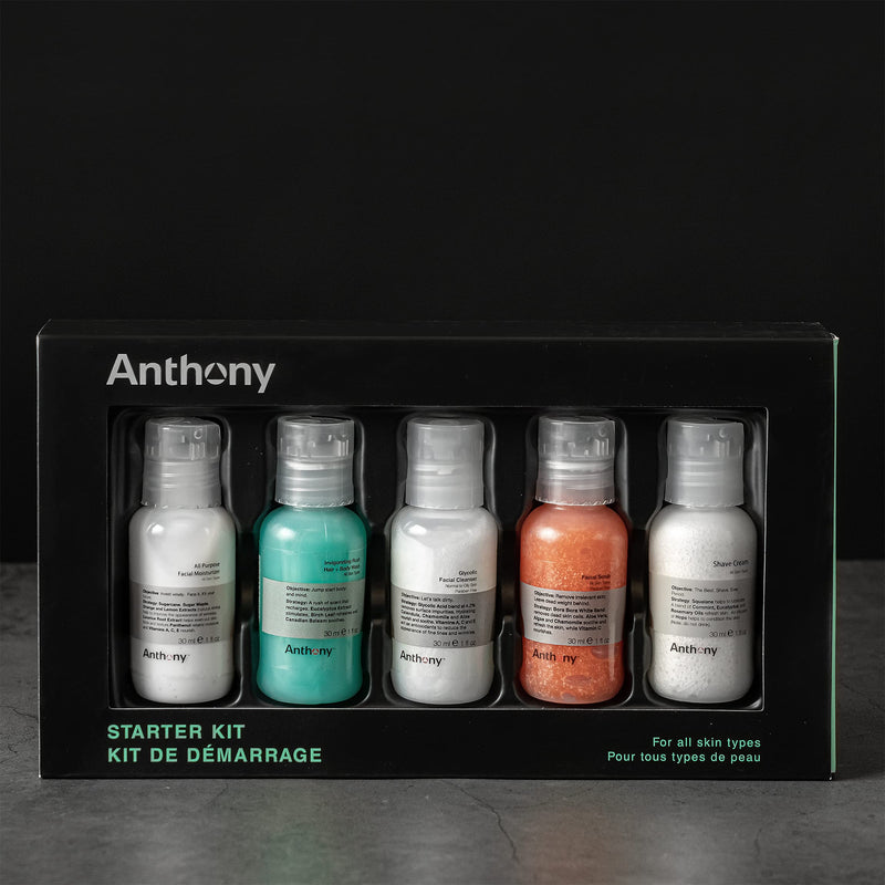 [Australia] - Anthony Starter Kit, 5 Count, Glycolic Facial Cleanser, Facial Scrub, All Purpose Facial Moisturizer, Invigorating Rush Hair & Body Wash, Shave Cream 