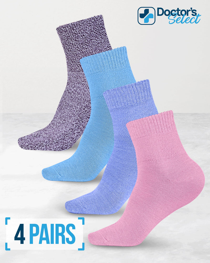 [Australia] - Doctor's Select Bamboo Viscose Diabetic Socks Women & Men - 4 Pairs Ankle Length Womens Diabetic Socks | Non Binding Socks Large Light Blue, Blue, Purple, Pink 