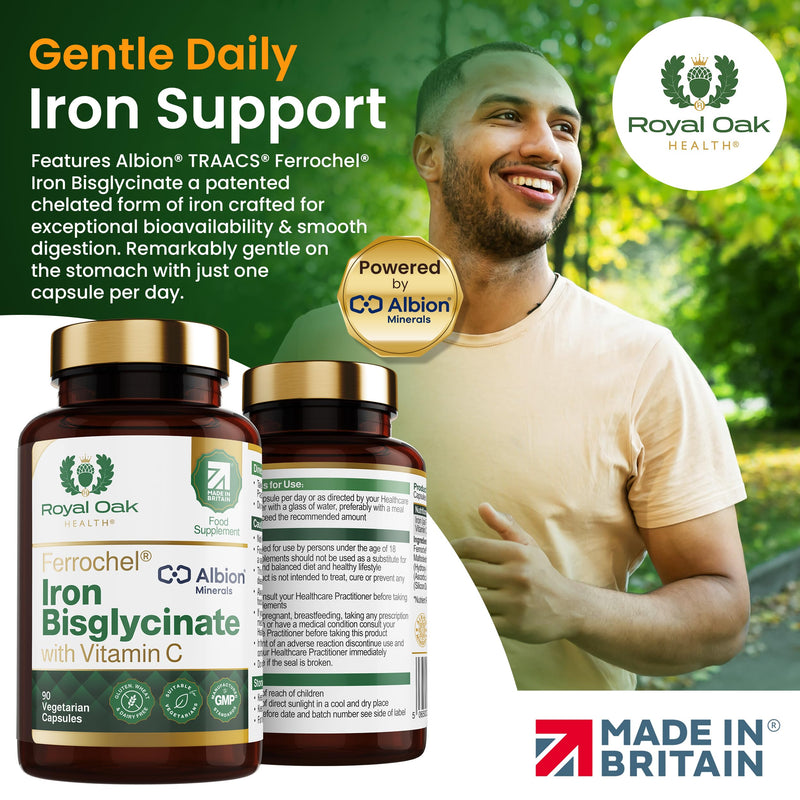 Ferrochel® Chelated Iron Bisglycinate 20mg with Vitamin C | 90 Capsules | 3 Month Supply | Gentle on Stomach, High Absorption, Enhanced Bioavailability Iron | Made in Britain