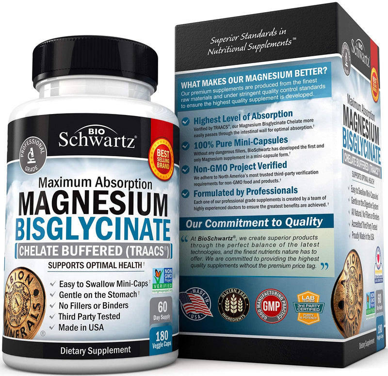 [Australia] - Magnesium Bisglycinate 100% Chelate No-Laxative Effect - Maximum Absorption Magnesium Supplement - Fully Reacted & Buffered for Energy Muscle Bone & Joint Support - Non-GMO Project Verified -180ct 180 Count (Pack of 1) 