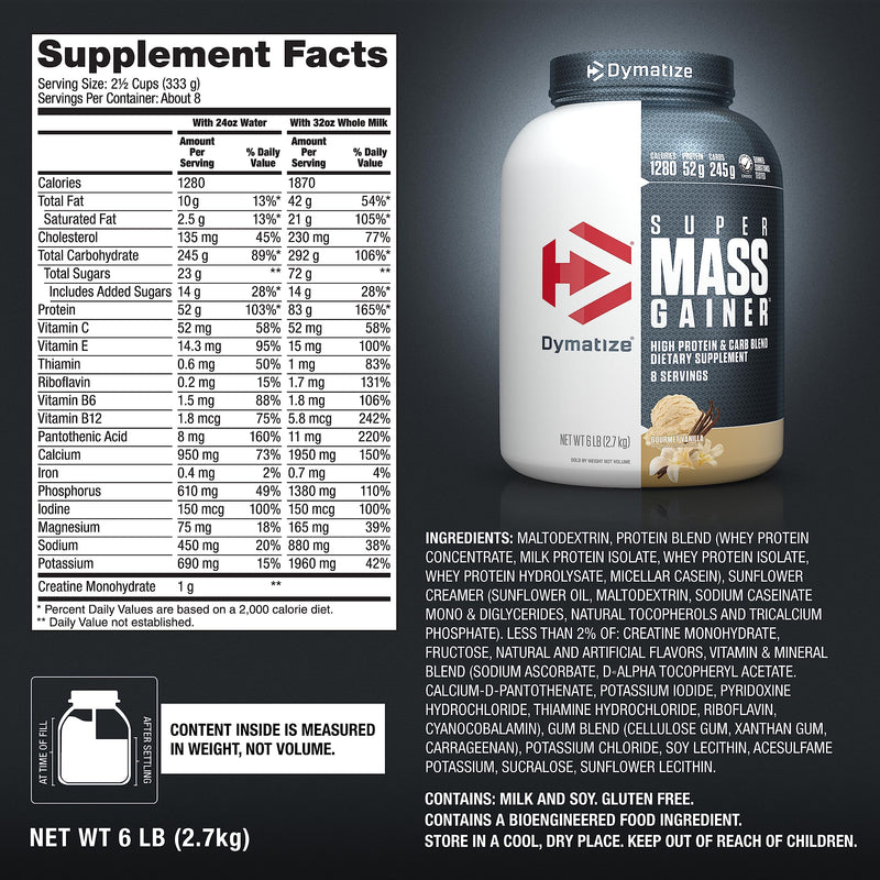 Dymatize Super Mass Gainer Protein Powder, Gourmet Vanilla, 52g Protein, 1g Creatine, 1280 Calories, 10.7g BCAAs, 245g Carbs, Contains Whey Protein Powder, Isolate, and Casein (8 Servings) 6 Pound (Pack of 1)
