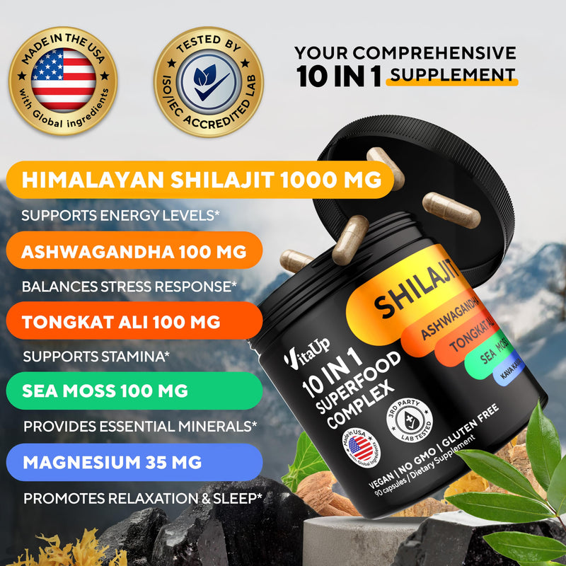 [Australia] - Shilajit Capsules 10 in 1 with Kava Kava - USA Made Himalayan Shilajit for Men with Tongkat Ali, Ashwagandha, Kava Kava for Energy & Immunity Support - 90 Count 90 Count (Pack of 1) 