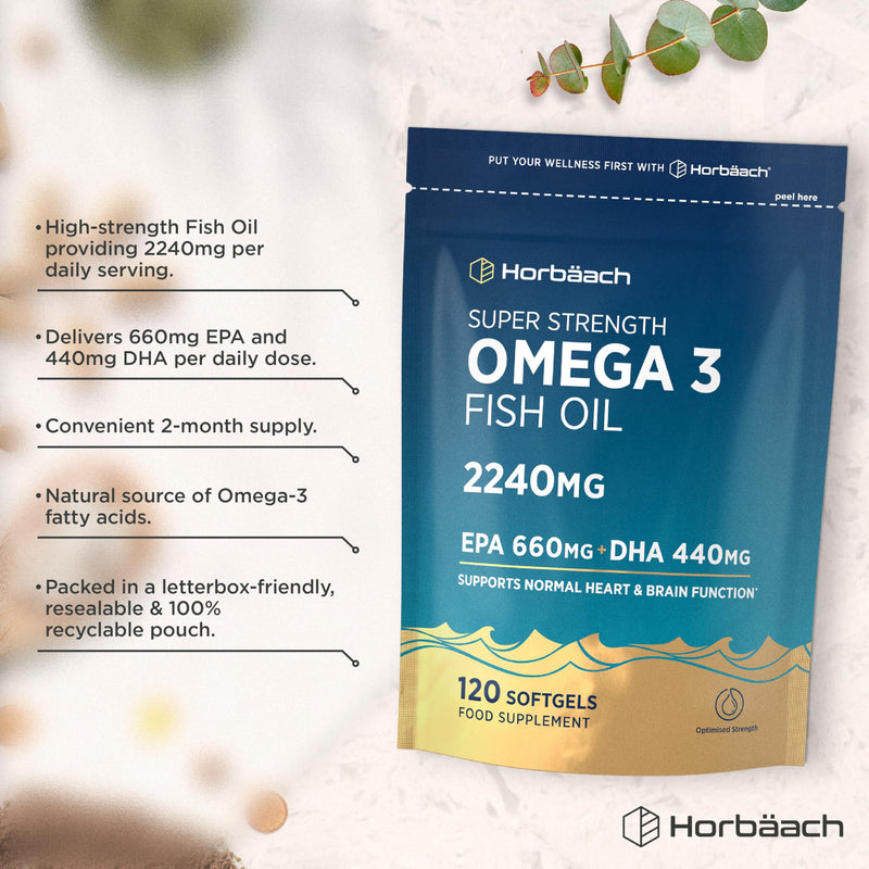 Omega 3 Capsules High Strength 2240mg with 660mg of EPA and 440mg of DHA | 120 Softgels | Natural Source of Omega 3 Fish Oil | By Horbaach