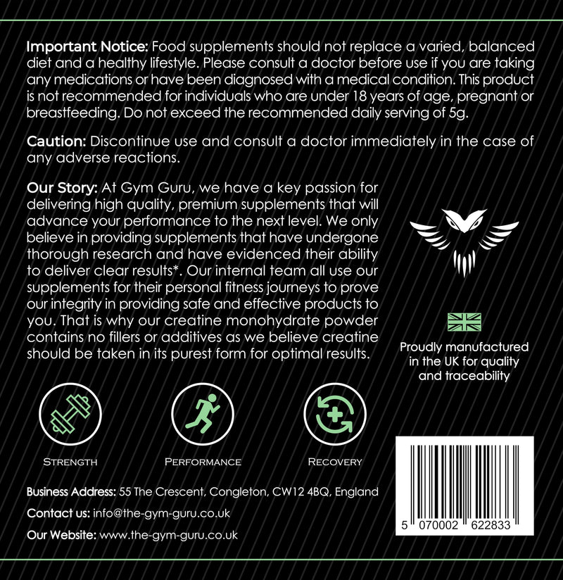 Gym Guru® Micronized Creatine Monohydrate Powder 500g - UK Made | Unflavoured Pure Creatine Monohydrate Powder, Easy Dissolve, Vegan Creatine 5g for Gym, Men & Women, 100 or 50 Servings