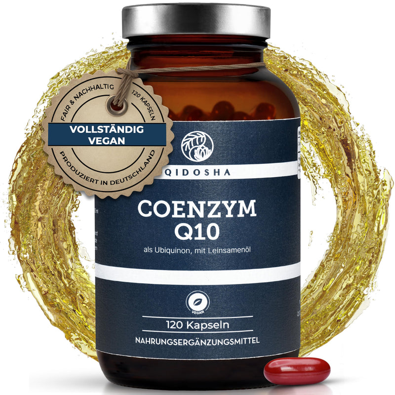[Australia] - QIDOSHA® Coenzyme Q10 capsules high dosage, 200mg Coenzyme Q10 liquid per capsule, 120 vegan softgel capsules in a glass, ubiquinone embedded in linseed oil for optimal bioavailability, Q10 as ubiquinone 