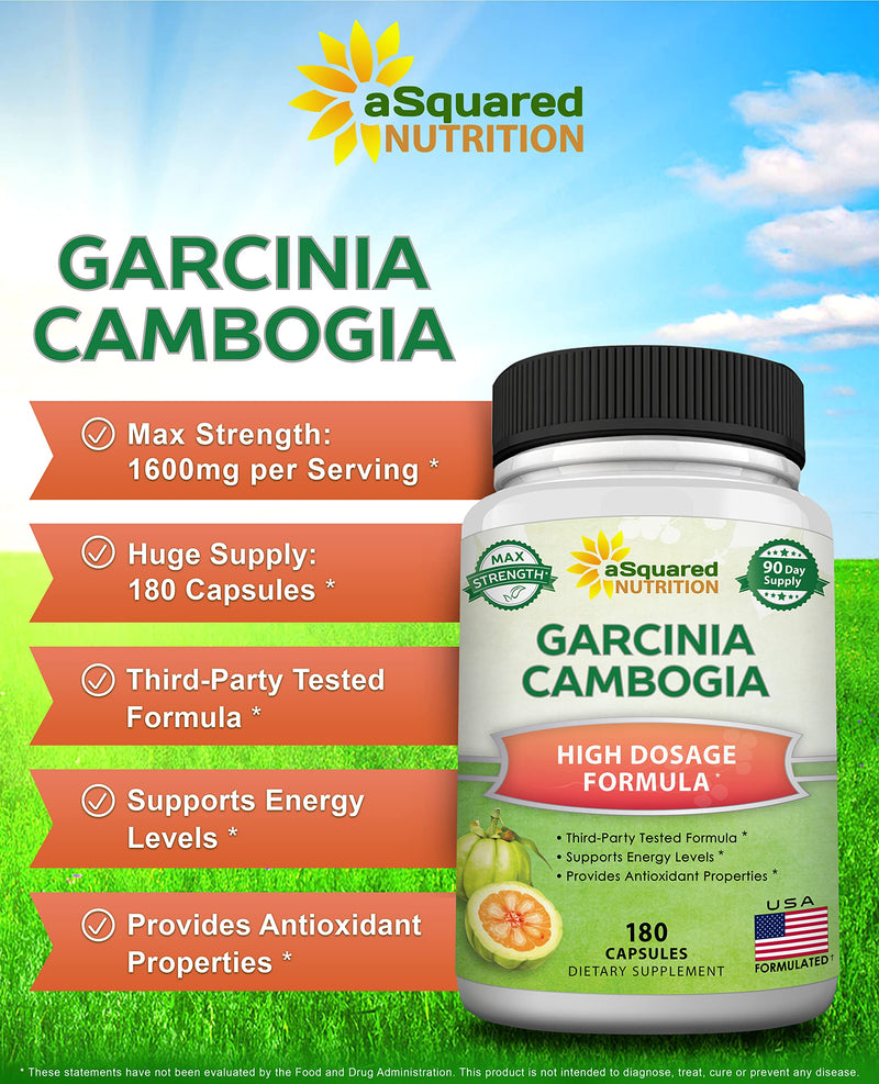 [Australia] - aSquared Nutrition Garcinia Cambogia 1600mg-180 Capsules-Natural Pure Extract Pills for Brain Health- Standardized Ultra HCA & Garcinia Cambogia Supplement Alternative to Gummies, Drops, Tea & Powder 