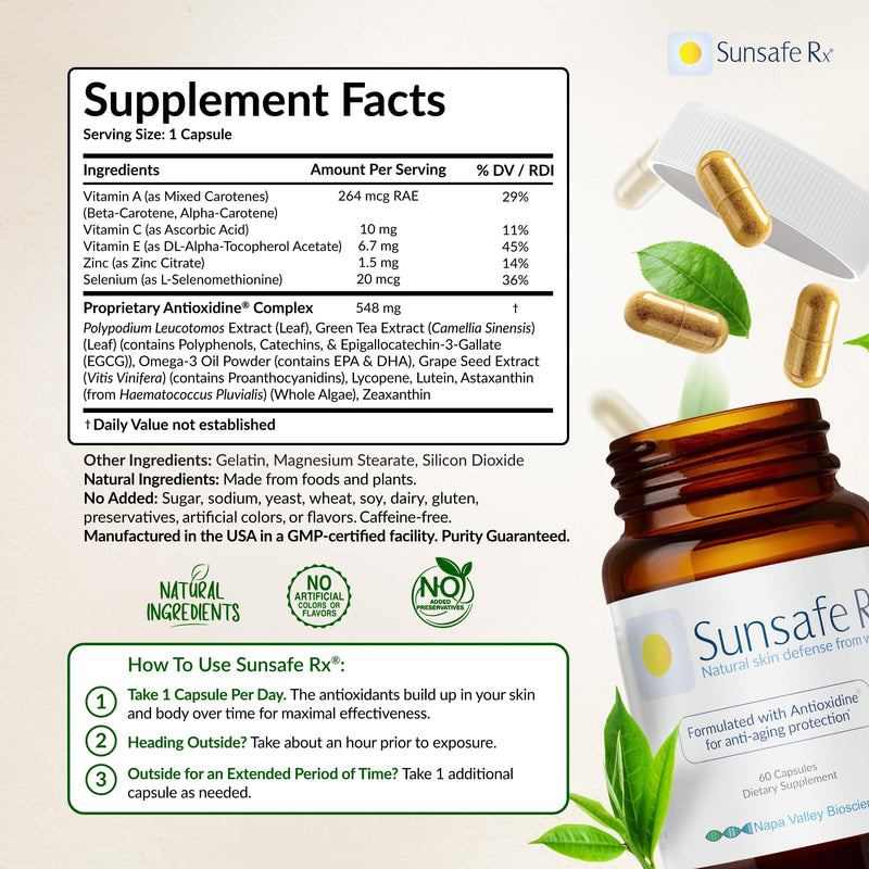 Sunsafe Rx Anti Aging Supplement: Natural Skin Protection Pills 30 Capsules | Antioxidants, Skincare, Radiant Skin, Youthful Appearance, Eye Health, Vitamins, Minerals, 250mg Polypodium Leucotomos 30 Count (Pack of 1)