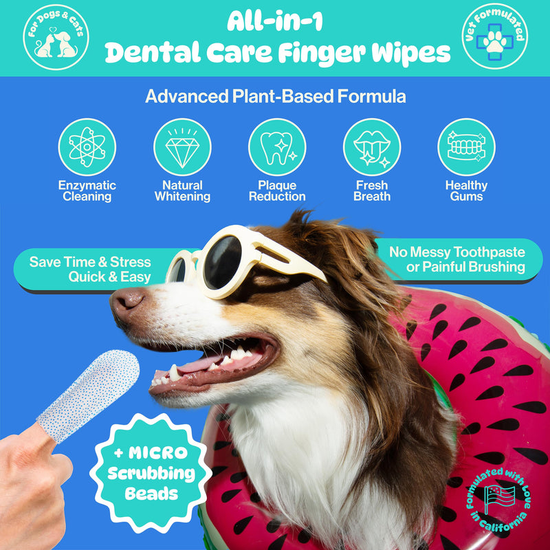 [Australia] - All-in-1 Dog Teeth Cleaning Wipes | Enzymatic Whitening + Micro Scrubbing Beads | No Mess, Pet Dental Wipes & Finger Tooth Brushing Kit | Plant-Based Dental Care for Cats & Dogs (60 Count) 