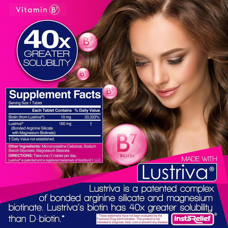 InstaRelief® Hair Growth with Lustriva® - Clinically Shown to Grow Thicker, Healthier Hair in 3 Weeks, Reduce Wrinkles and Fine Lines, with Biotin, Silicon, and Arginine, 60 Tablets 60 Count (Pack of 1)