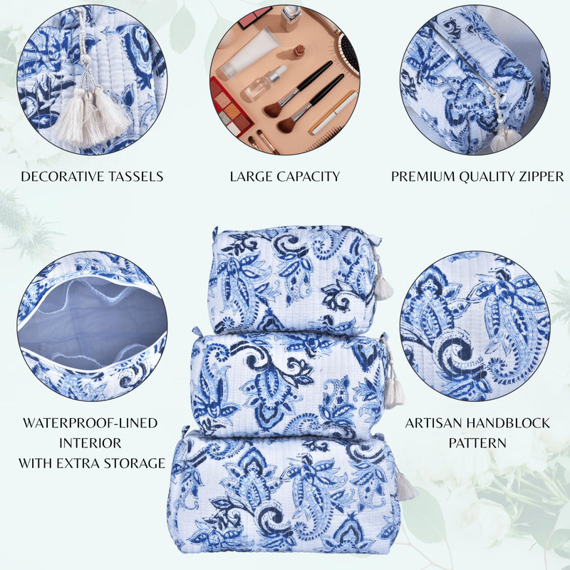 Quilted Floral Block Print Makeup Bag Set of 3 – Cotton Travel Toiletry and Makeup Organizer, Cosmetic Pouch, Toiletry Bag for Women, Cute Boho Coquette Make Up Bags for Women (Small, Medium, Large)