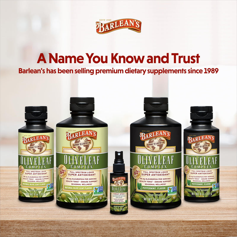 [Australia] - Barlean's Olive Leaf Complex Throat Spray with Peppermint, Lemon, & Sage for Itchy Throat Relief, Immune Support Supplement for Seasonal Wellness, Liquid Blended Extract, 1.5 oz Olive Leaf Throat Spray - 1.5 oz 