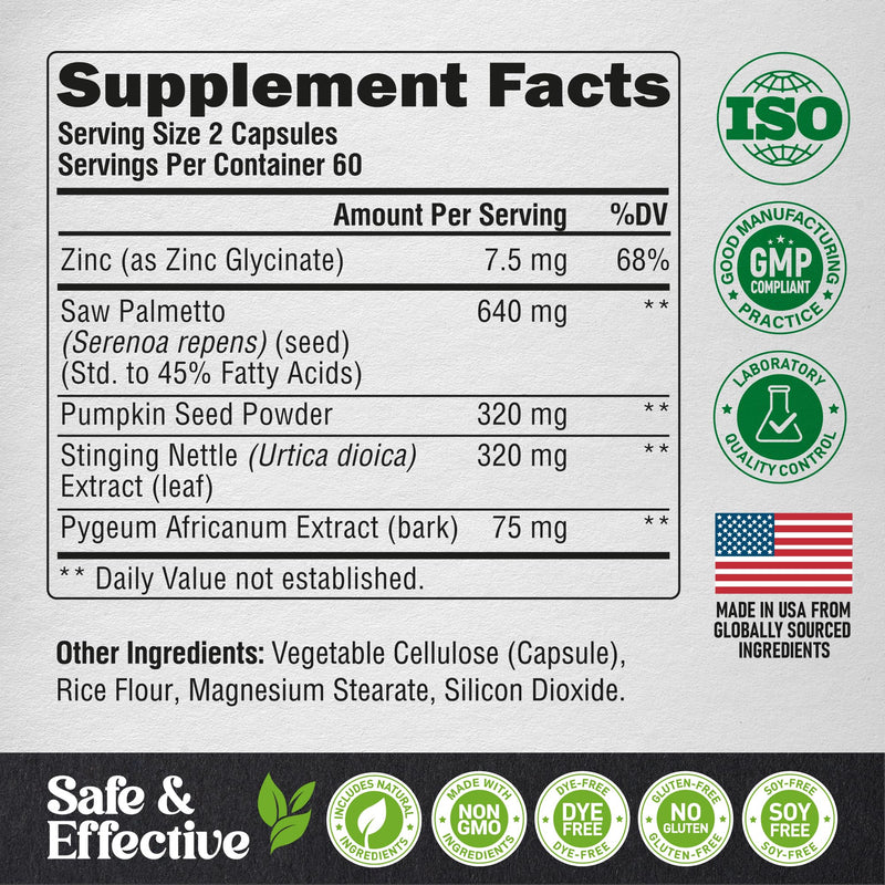 [Australia] - Saw Palmetto for Men 640mg - Pumpkin Seed | Nettle | Zinc & Pygeum - Prostate Health & Urinary Supplement - DHT Blocking & Hair Support - 45% Fatty Acids, Clinical Strength - Made in USA, 120 Capsules 120 Count (Pack of 1) 
