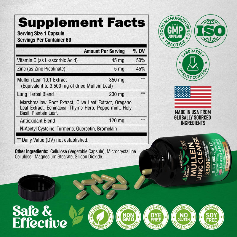 [Australia] - Mullein Leaf Extract for Lung Detox - Marshmallow Root | Echinacea | Oregano | Quercetin | NAC - 15-in-1 Lung Support & Cleanse for Smokers Supplement - Made in USA - As Drops, Tincture - 60 Capsules 60 Count (Pack of 1) 