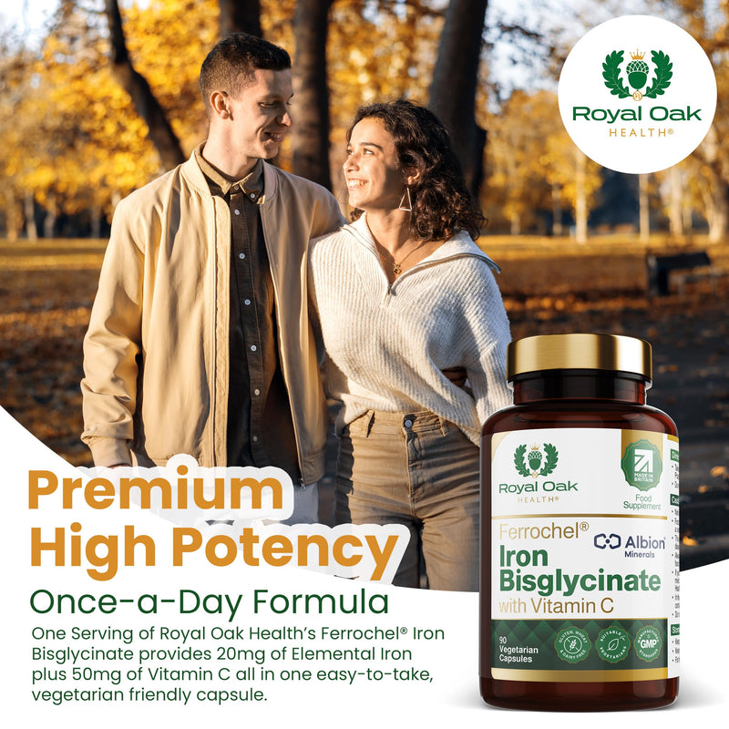 Ferrochel® Chelated Iron Bisglycinate 20mg with Vitamin C | 90 Capsules | 3 Month Supply | Gentle on Stomach, High Absorption, Enhanced Bioavailability Iron | Made in Britain