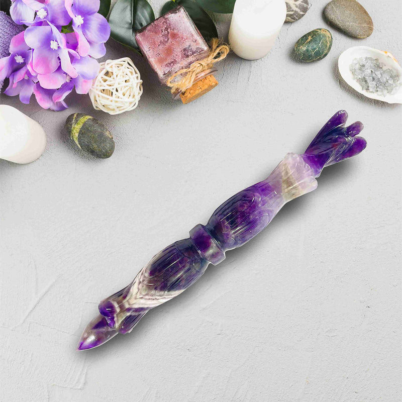 Amethyst Metaphysical Carving Healing Wand | 6" Handmade Carving Gemstone Stick Pencil for Meditation Massage Pagan| Dynamic Energy Chakra Balancing & Aura Cleansing Healing Stick Amethyst