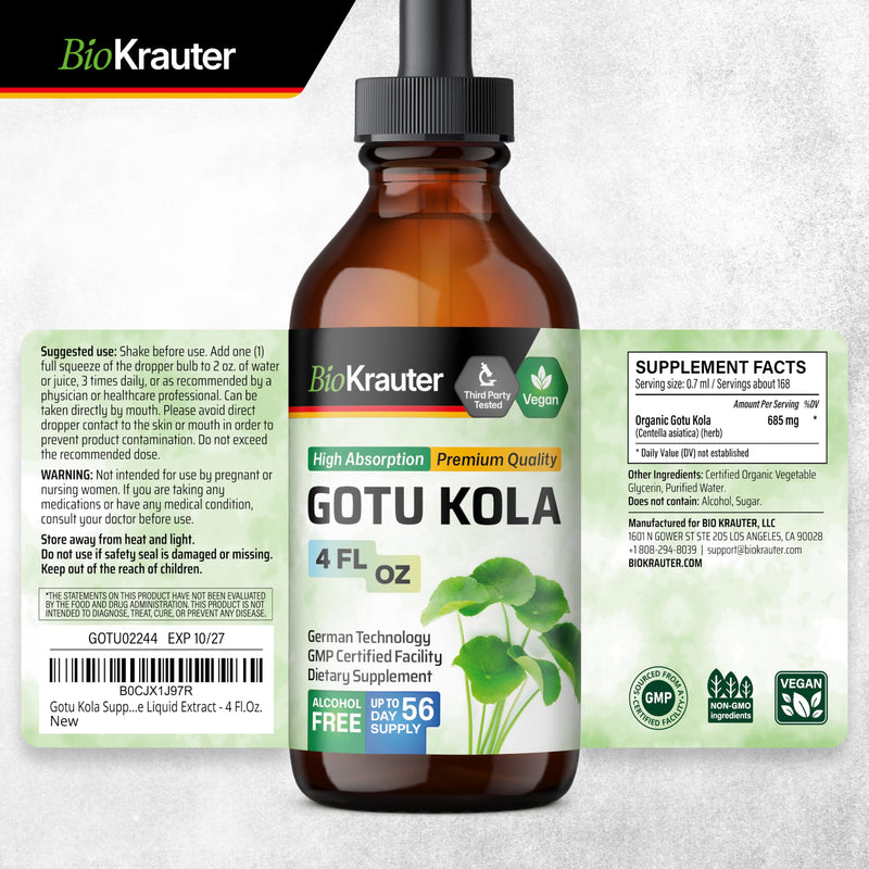 [Australia] - BIO KRAUTER Gotu Kola Tincture - Centella Asiatica Extract - Alcohol and Sugar Free Gotu Kola Extract - Vegan Drops 4 Fl.Oz. 4 Fl Oz (Pack of 1) 