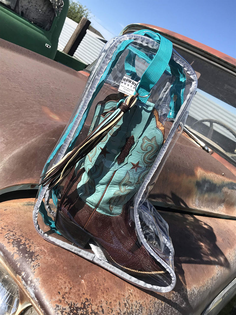 Howdy Boot Bag - clear see-thru waterproof storage bag for cowboy boots mens and womens tall riding boots travel accessories shoe organizer and closet or under bed space saver storage hanging bags. Turquoise