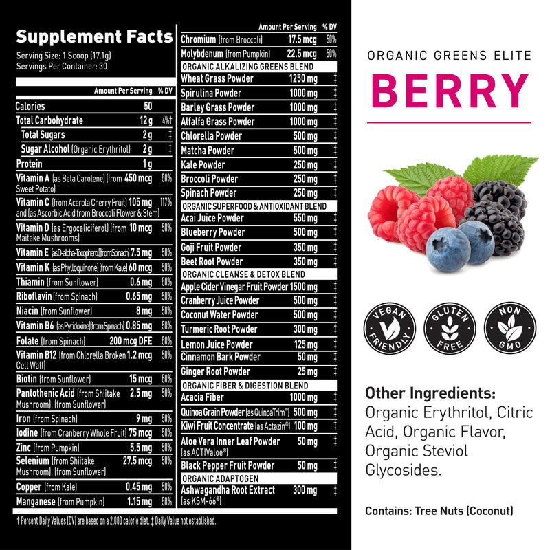 Kaged Organic Greens Elite, Superfood and Greens Powder with Apple Cider Vinegar, Adaptogen, Prebiotics, Vitamins & Minerals, Berry, 30 Servings Berry (Elite)