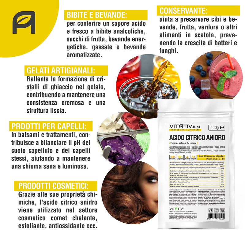 [Australia] - VITATIV - Citric acid, anhydrous, 100% pure - 500 g - food grade - preservative ideal for pastries and kitchen - acidulant in powder form for drinks and jams 