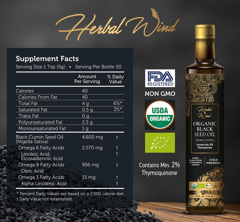 [Australia] - Herbal Wind Black Seed Oil: Cold Pressed USDA Organic Black Seed Oil Liquid - Turkish Nigella Sativa Black Cumin Seed Oil with Min. 2% Thymoquinone for Immune Support, Joint Health and More - 8 Fl Oz 
