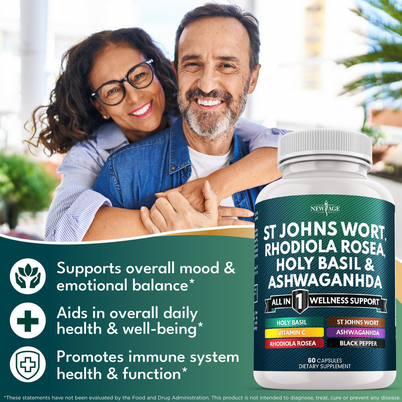 [Australia] - NEW AGE St Johns Wort, Rhodiola Rosea, Holy Basil, Ashwagandha - Support for Women and Men with Vitamin C & Black Pepper Extract - 120 Count 60 Count (Pack of 2) 