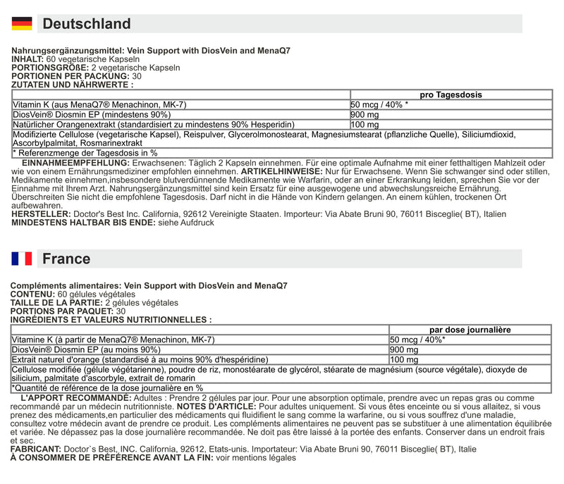 [Australia] - Doctor's Best - Vein Support with DiosVein and MenaQ7 | Vein Health Support - 60 Capsules 
