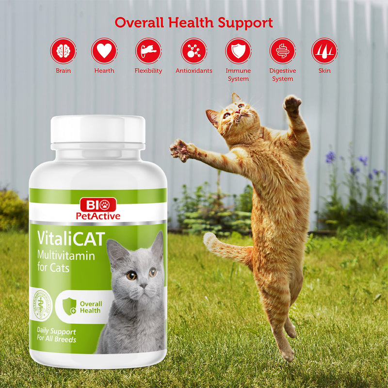 VitaliCAT Multivitamin for Cats, Skin and Coat Supplement, Cat Prenatal Health Supplies, Vitamin A + E + B9 + B5 + H + Biotin + Amino Acids for Cats, 150 Chewable Tablets - PawsPlanet Australia
