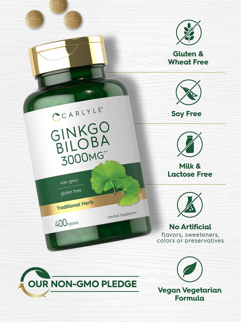 Carlyle Ginkgo Biloba 3000mg | 400 Tablets | Non-GMO, Gluten Free Supplement