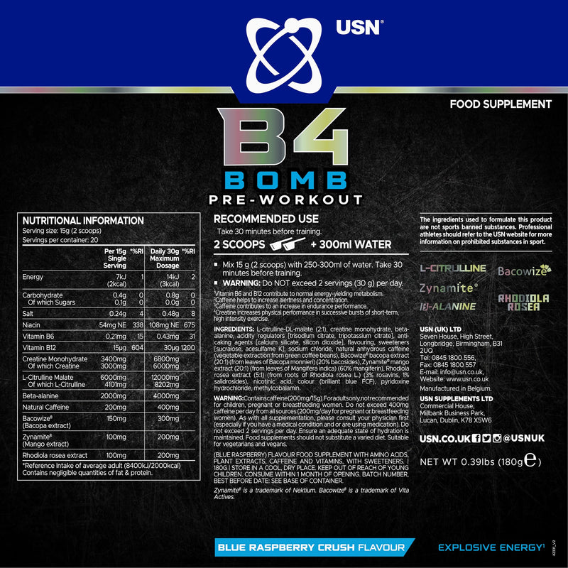 USN B4 Bomb Energy Drink Powder, Blue Raspberry - 180g, with Vitamin B12 & B6, Creatine, Caffeine & Zynamite for Stamina & Explosive Energy, Glucose Free, No Added Sugar, Quality Dietary Supplement 180g (Pack of 1)