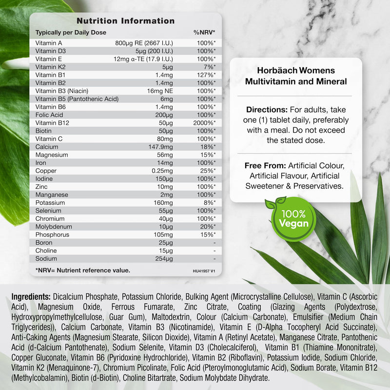 Womens Multivitamins and Minerals | 28 Essential Active Nutrients with Iron, Biotin, Copper, Vitamin B6, Zinc & More | 180 Vegan Tablets - 6 Month Supply | by Horbaach