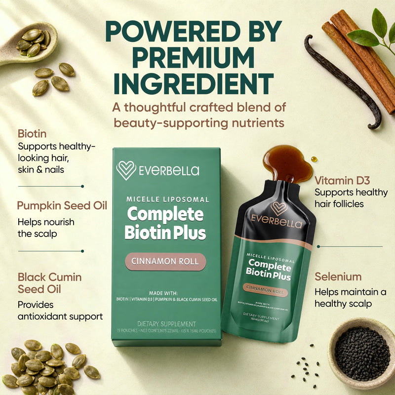 Complete Biotin Plus Liposomal Liquid Pouches with Pumpkin Seed Oil, Black Cummin Seed Oil & Vitamin D3 | Supports Nail, Skin & Hair Growth | Cinnamon Roll Flavor | 15-Day Supply