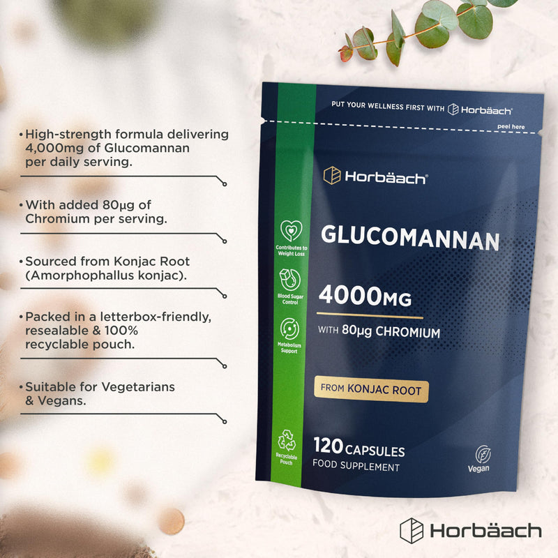Glucomannan Capsules 4000mg | Konjac Root | Glucomannan Complex with Chromium | Vegan & Vegetarian Friendly | 120 Count | By Horbaach