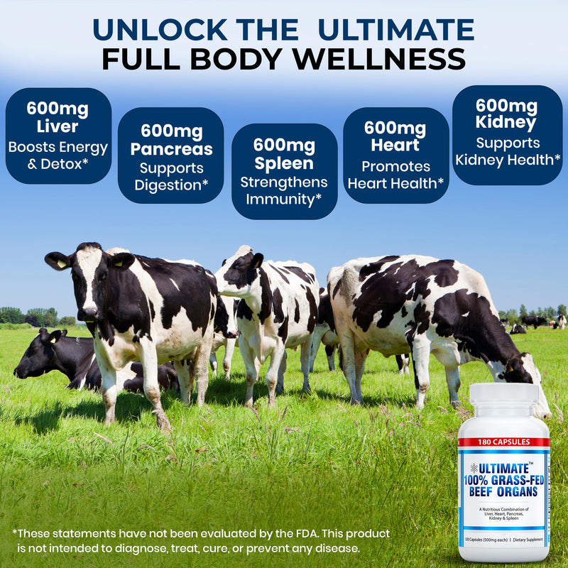 Ultimate 100% Grass Fed Beef Organs Supplement Supports Energy & Whole Body Wellness* with a Complex of Desiccated Beef Liver, Heart, Kidney, Pancreas & Spleen. Pesticide Free & Non-GMO, 180 Capsules