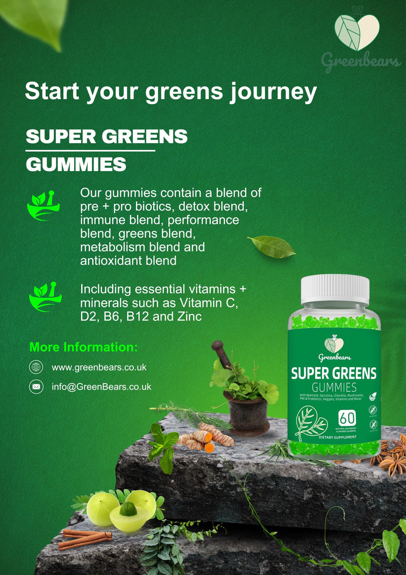 Super Greens Gummies – Daily Greens Supplement with Spirulina, Chlorella, Wheatgrass & Probiotics – Natural Energy, Immune & Digestive Support – Vegan, Non-GMO, 60 Gummies