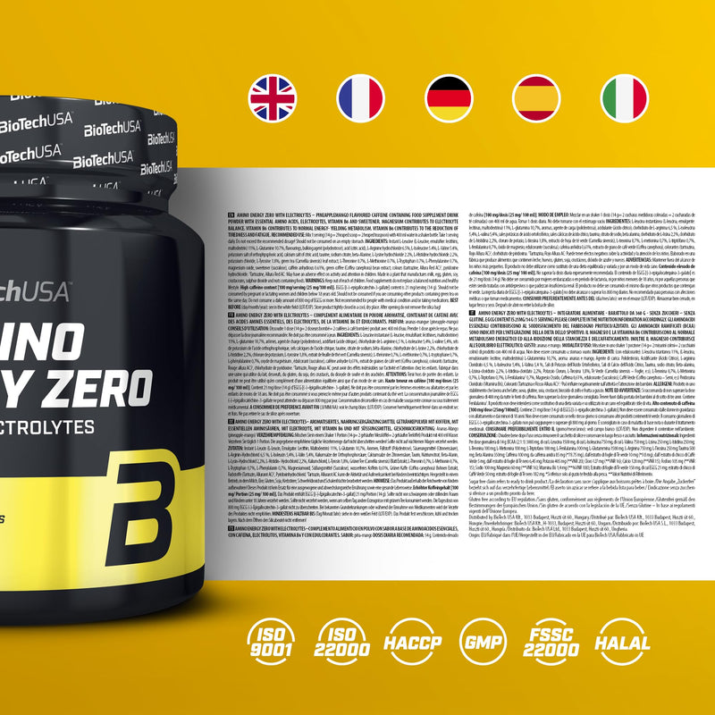 BioTechUSA Amino Energy Zero with Electrolytes | Pre-Workout | 9 Essential Amino Acids | Caffeine | Sugar-Free, Gluten-Free, 360 g, Pineapple-Mango
