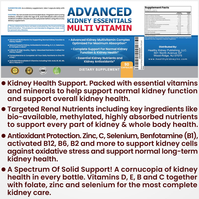 Advanced Kidney Essentials Multivitamin. Kidney Support Supplement for Complete Kidney Health. Kidney Health Supplement with Renal Vitamins 30 Caps 30 Count (Pack of 1)