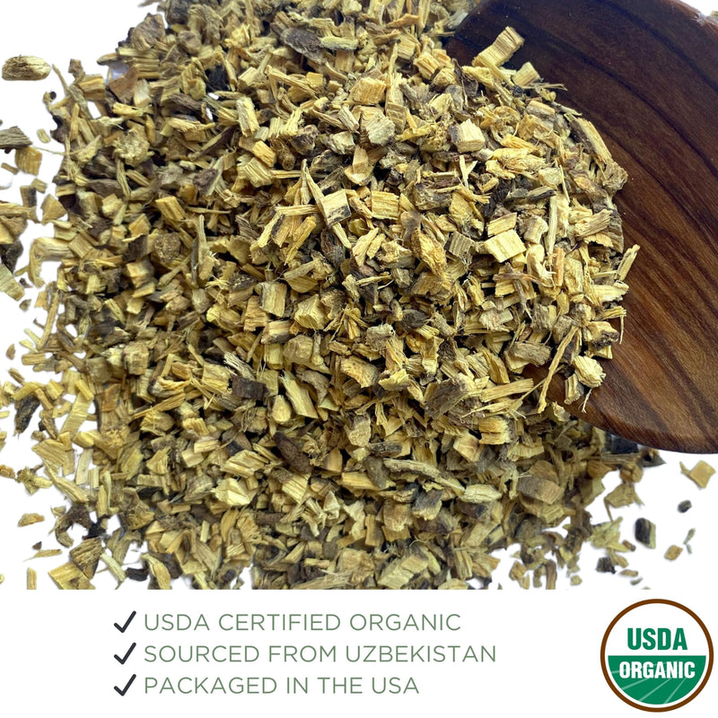 [Australia] - Organic Licorice Root 4 oz. (113g), USDA Certified Organic Licorice Root Tea, Licourice Root, Bulk Licorice Root Chopped, Liquorice, Raiz de Regaliz Licrice Root, Glycyrrhiza glabra, Cut & Sifted 4 Ounce 
