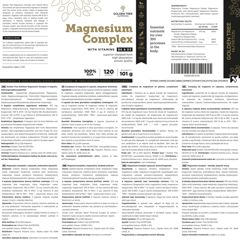 Golden Tree Magnesium Complex – Triple Complex with Magnesium Citrate, Bisglycinate & Malate – High Strength 400 mg with Vitamin D3 & B6 – 120 Capsules 120 count (Pack of 1)